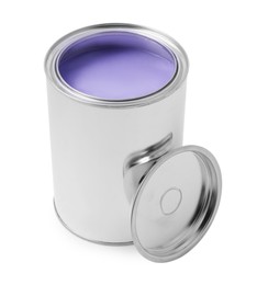 Photo of Can of lilac paint isolated on white