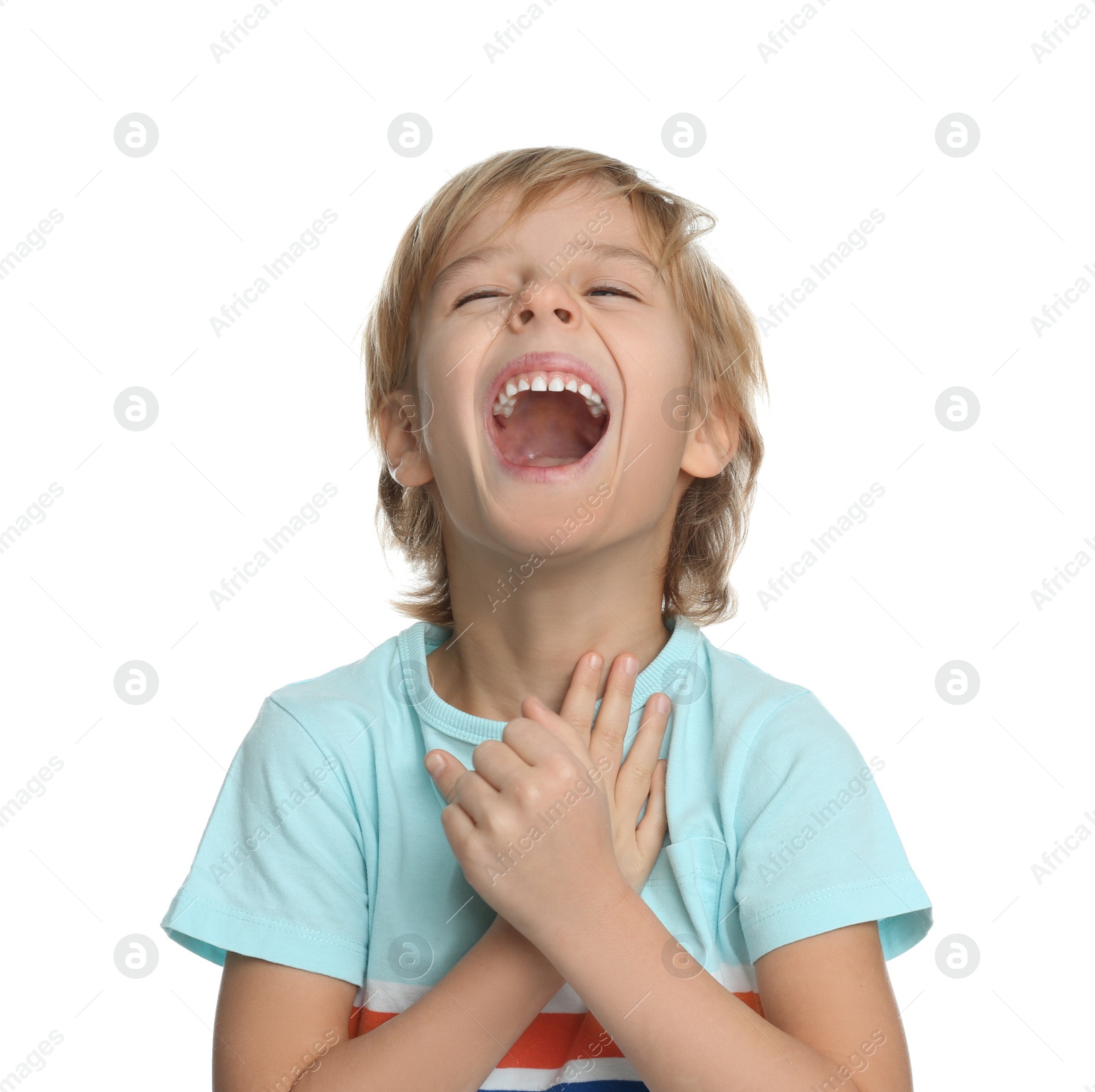 Photo of Portrait of happy little boy on white background