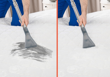 Man disinfecting mattress with vacuum cleaner, closeup. Before and after cleaning