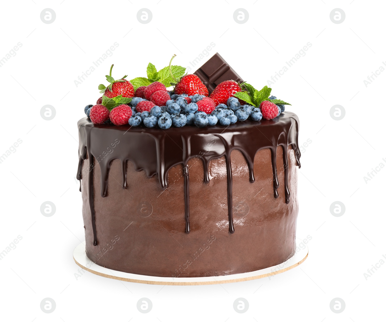 Photo of Delicious chocolate cake decorated with fresh berries on white background