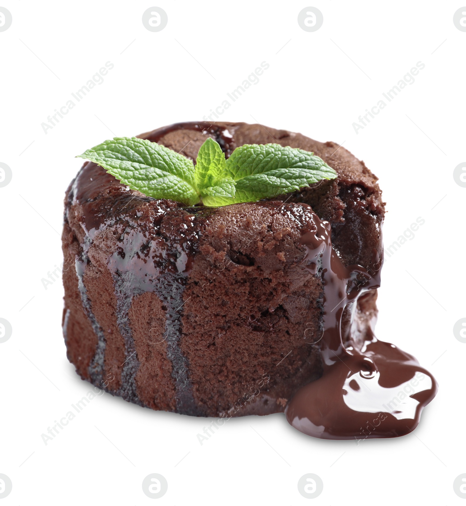 Photo of Delicious fresh fondant with hot chocolate on white background. Lava cake recipe