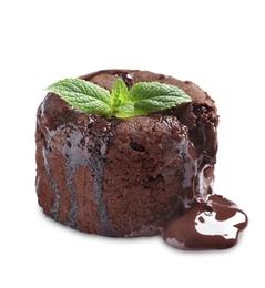 Photo of Delicious fresh fondant with hot chocolate on white background. Lava cake recipe