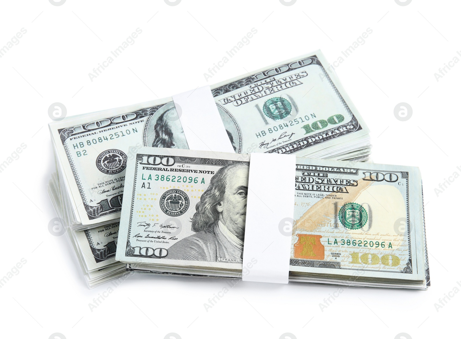 Photo of Dollar banknotes on white background. American national currency