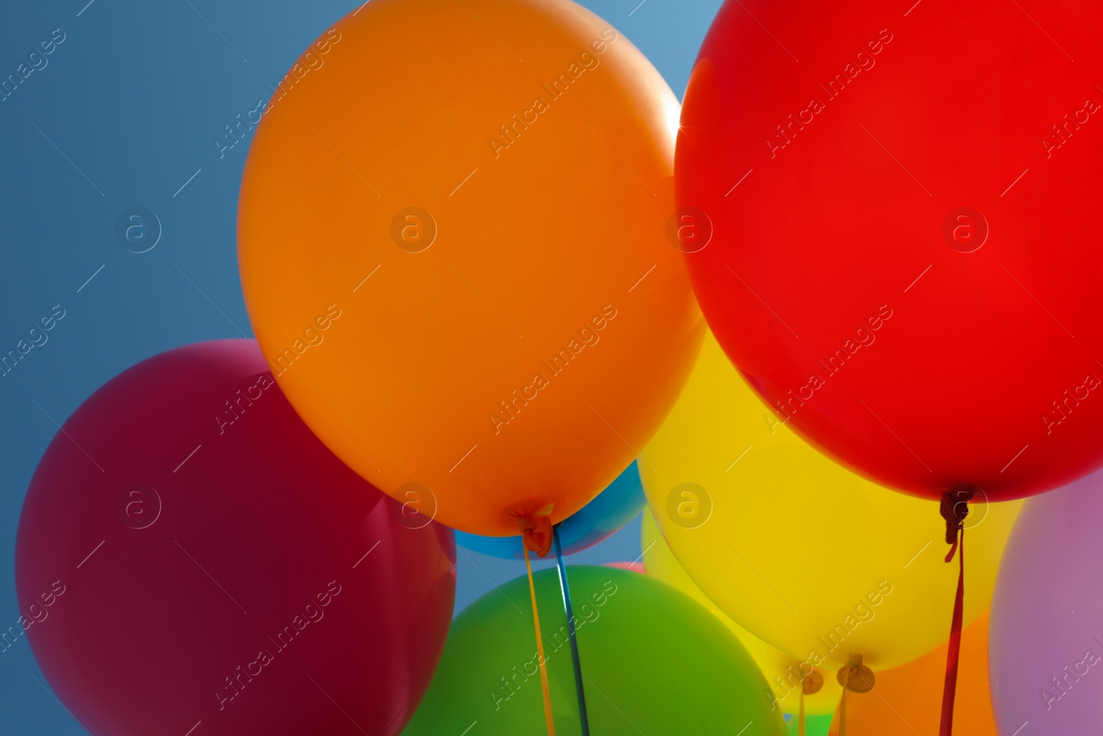 Photo of Bright colorful balloons with ribbons, closeup view