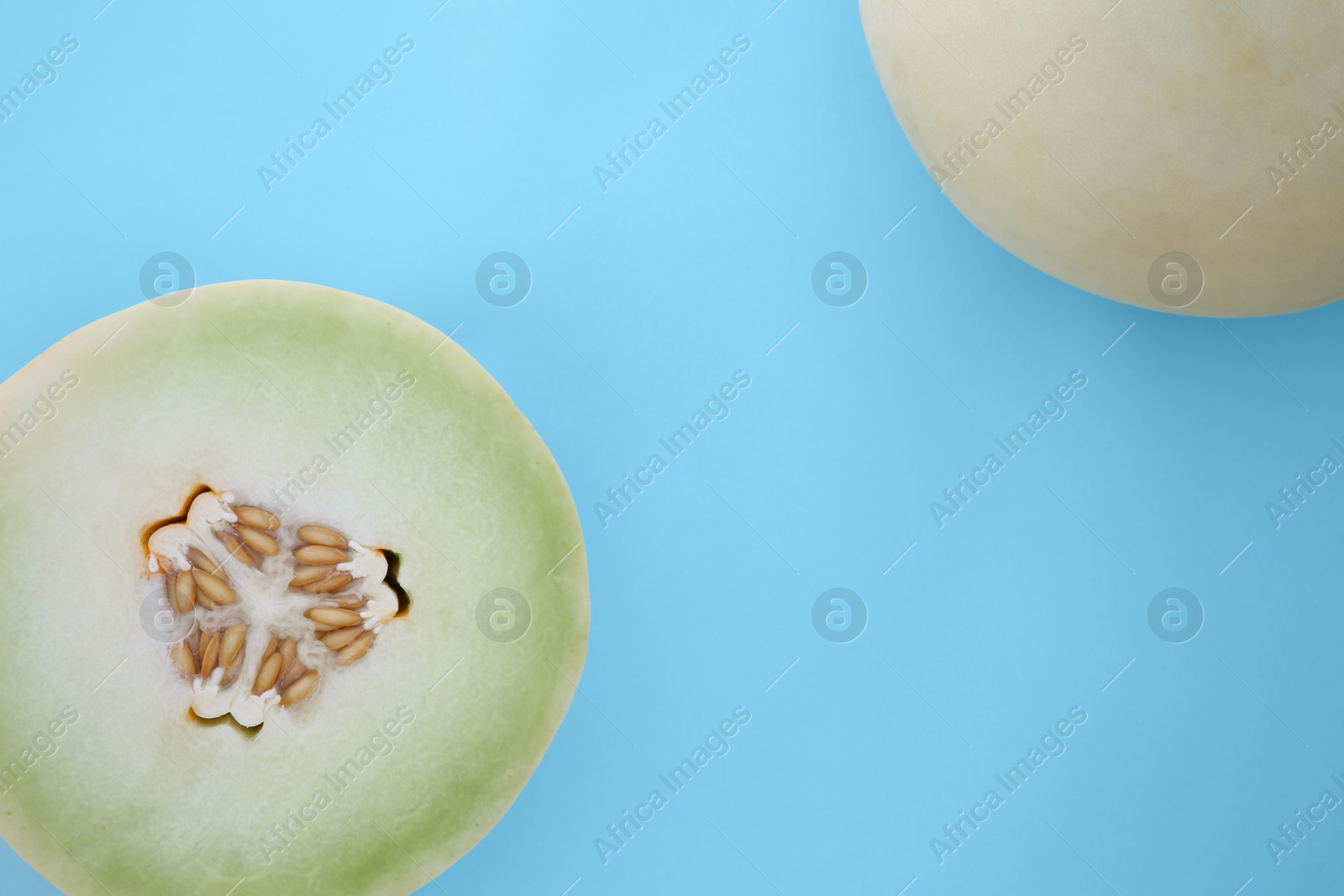 Photo of Whole and cut fresh ripe honeydew melons on light blue background, flat lay. Space for text