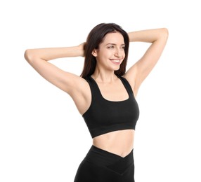 Photo of Happy young woman with slim body posing on white background