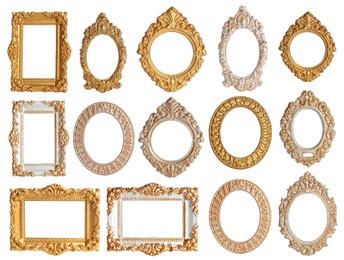 Image of Set of different old fashioned frames on white background