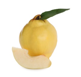 Photo of Whole and cut delicious quinces on white background