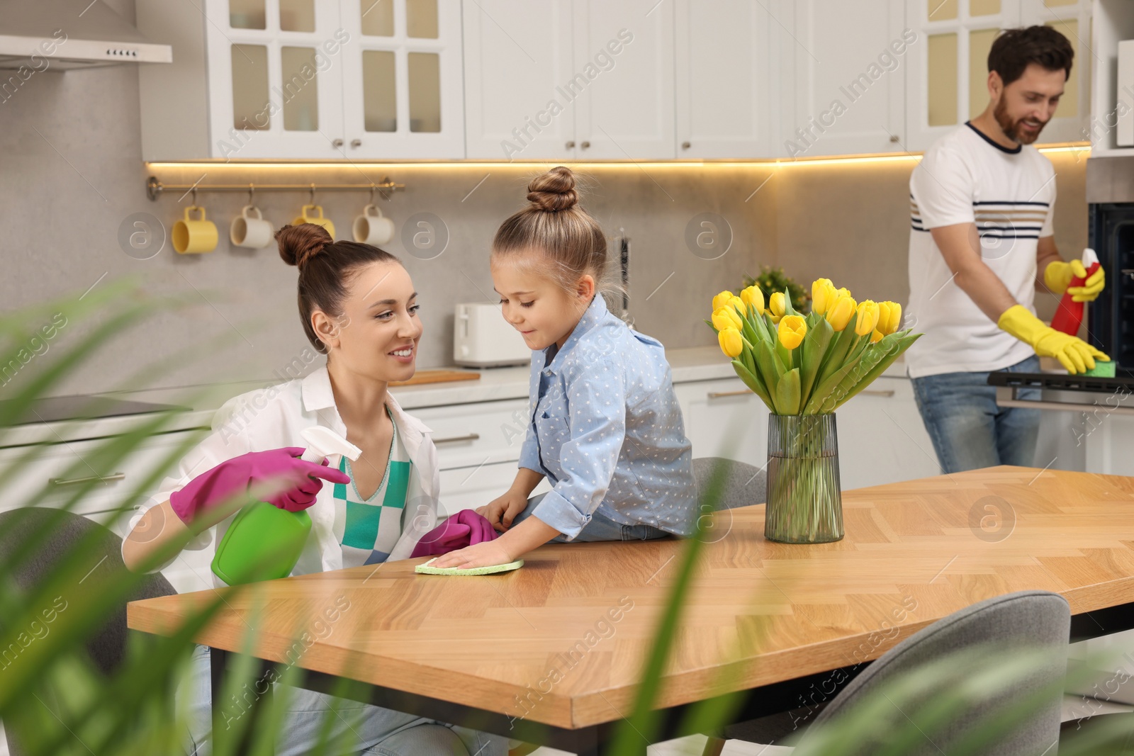 Photo of Spring cleaning. Parents with their daughter tidying up kitchen together