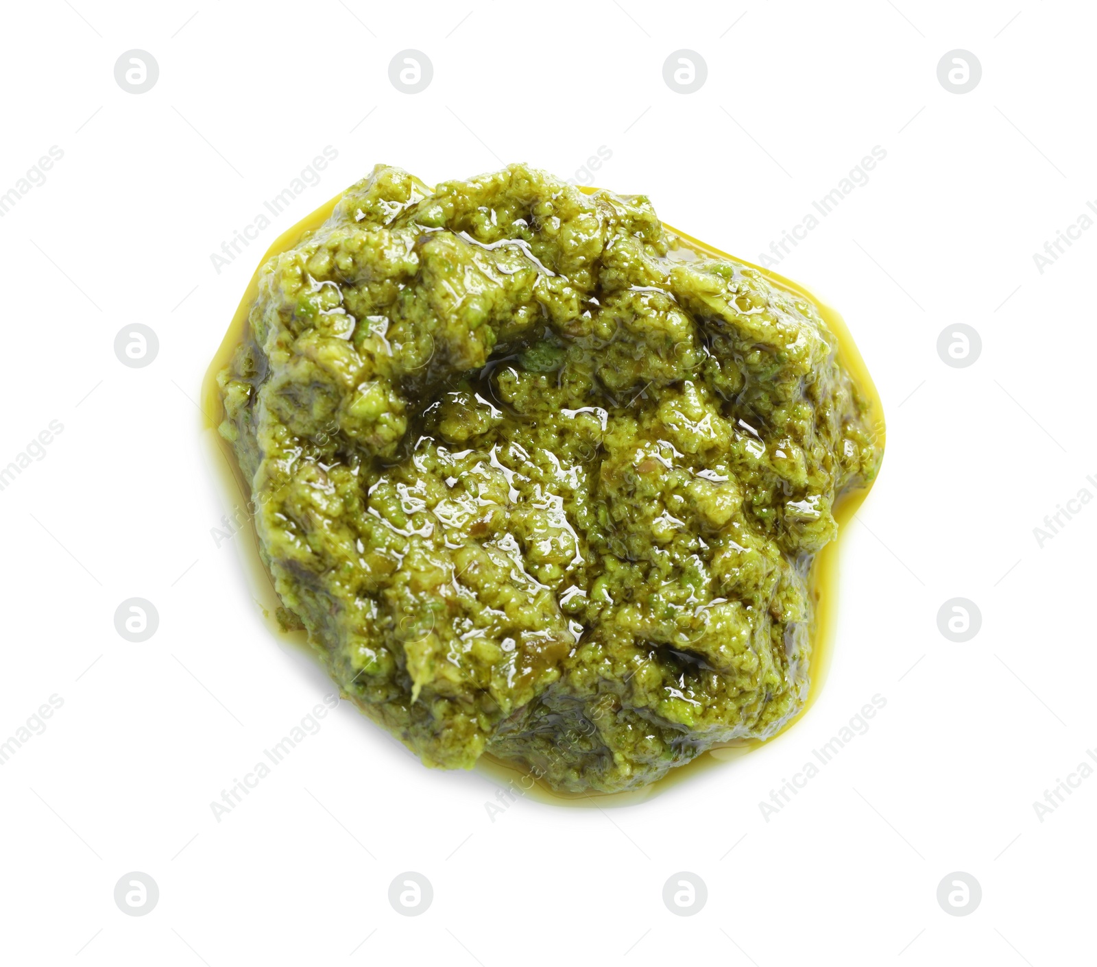 Photo of Sample of tasty pesto sauce isolated on white, top view