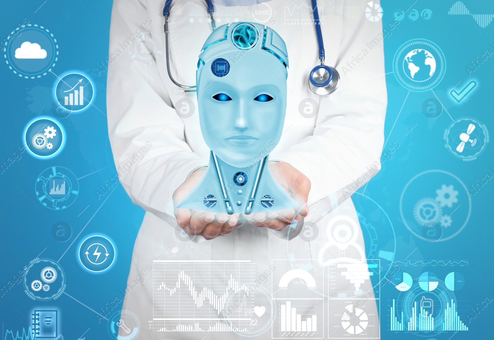 Image of Doctor demonstrating digital model of artificial intelligence on blue background, closeup. Machine learning concept