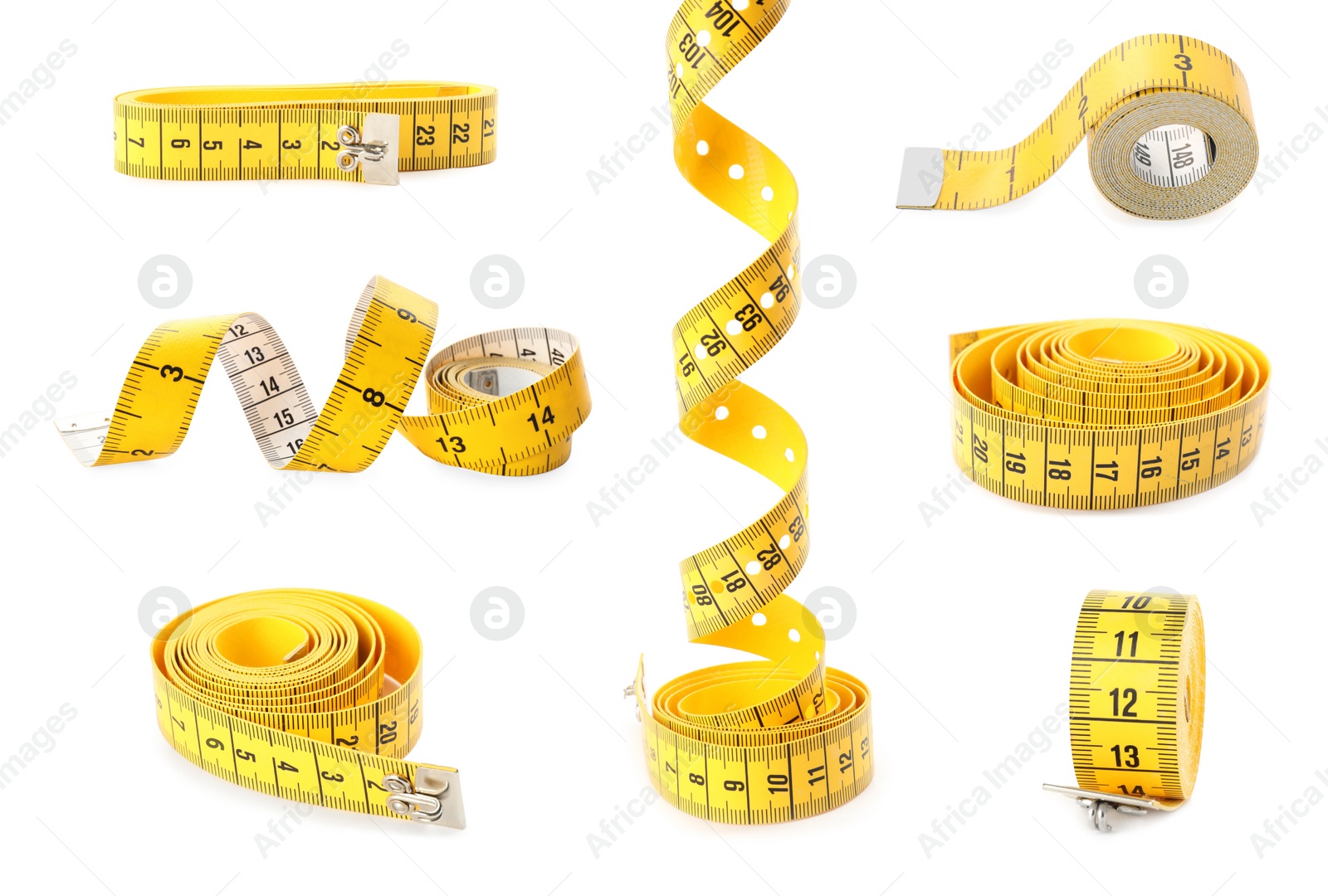 Image of Set of yellow measuring tapes on white background 