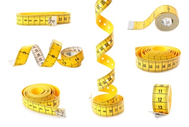 Image of Set of yellow measuring tapes on white background 