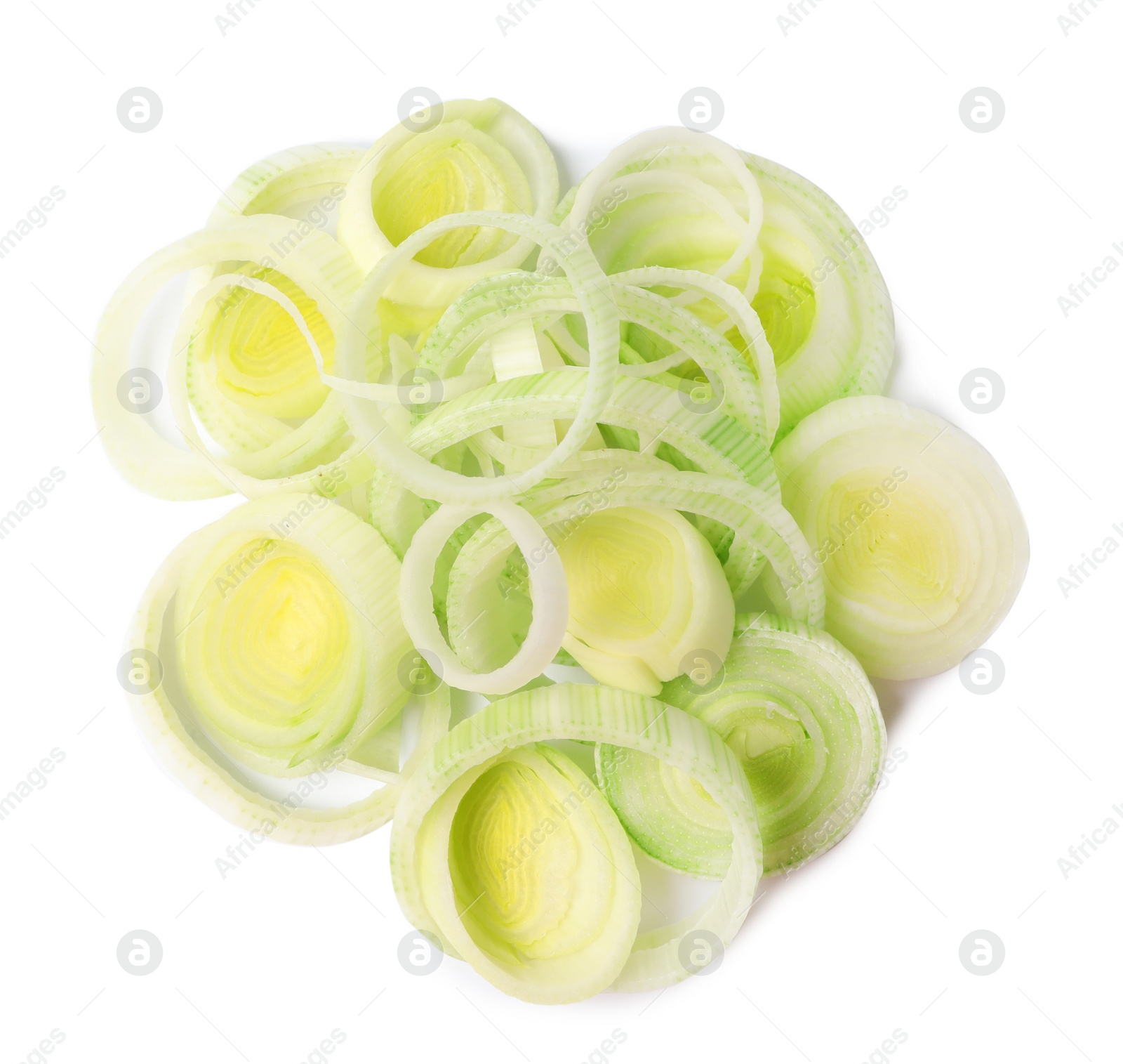 Photo of Fresh raw leek slices on white background, top view. Ripe onion