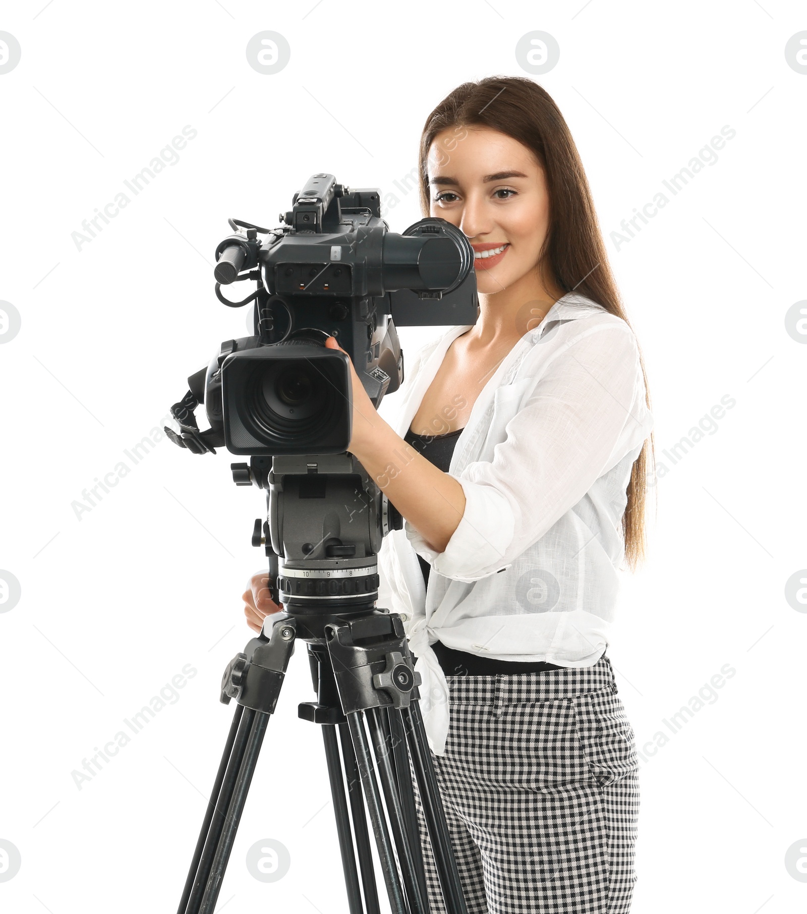 Photo of Operator with professional video camera on white background