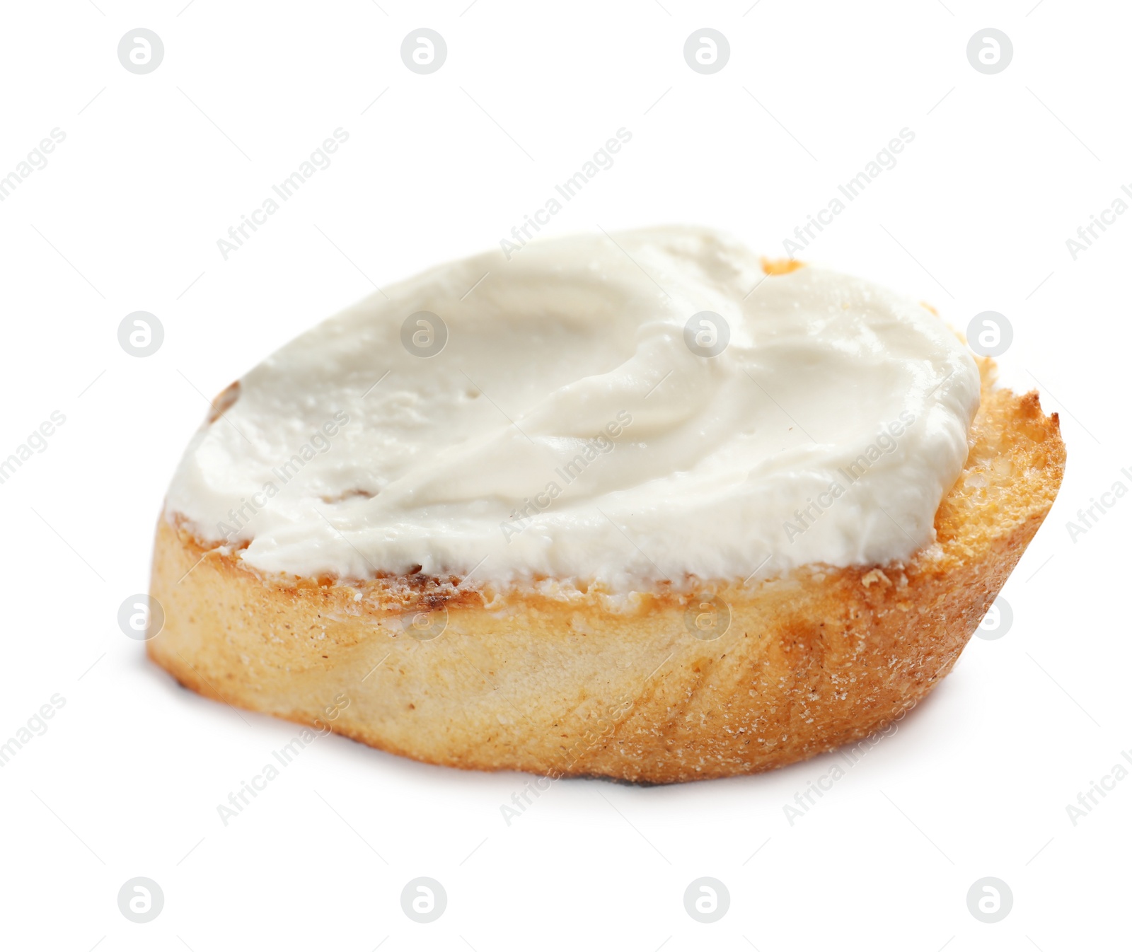 Photo of Piece of baguette with tasty cream cheese on white background