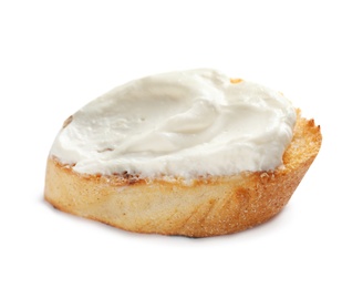 Piece of baguette with tasty cream cheese on white background