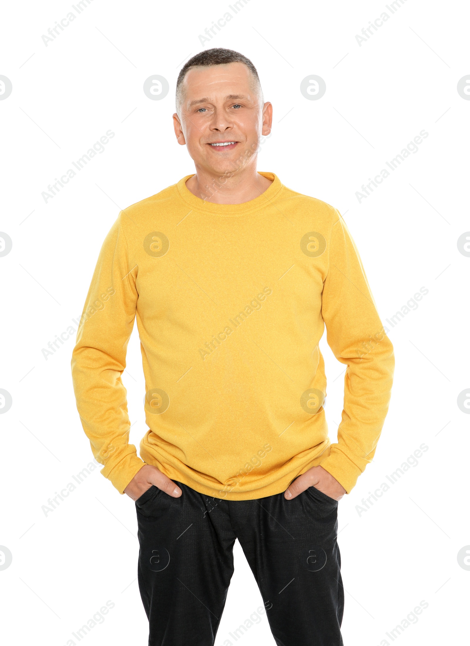 Photo of Portrait of mature man on white background