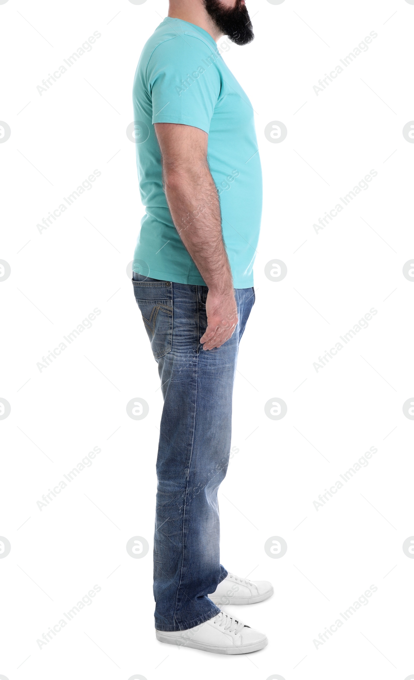 Photo of Overweight man isolated on white, closeup. Weight loss
