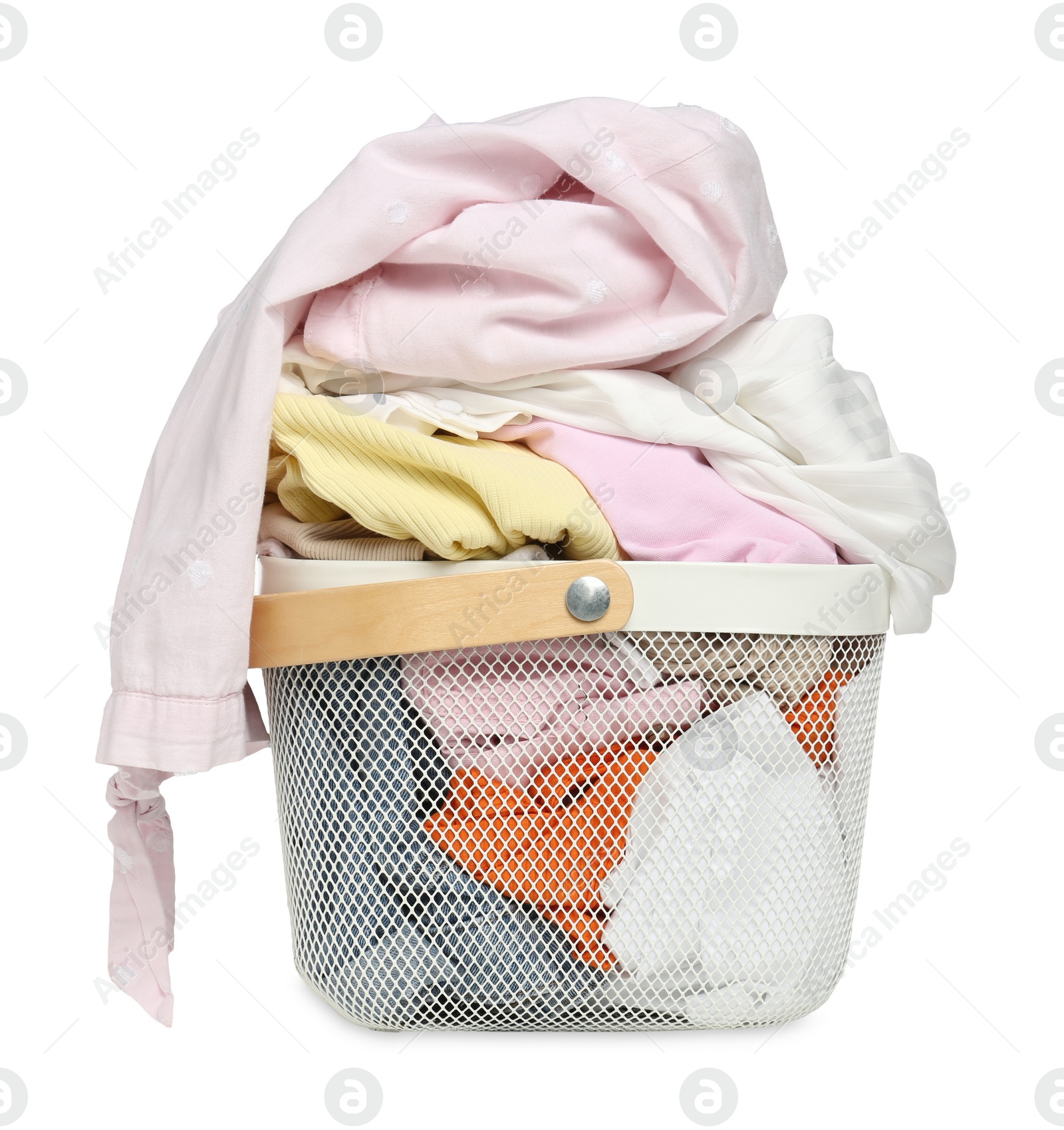 Photo of Laundry basket with clean colorful clothes isolated on white