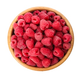 Photo of Bowl of delicious fresh ripe raspberries on white background, top view