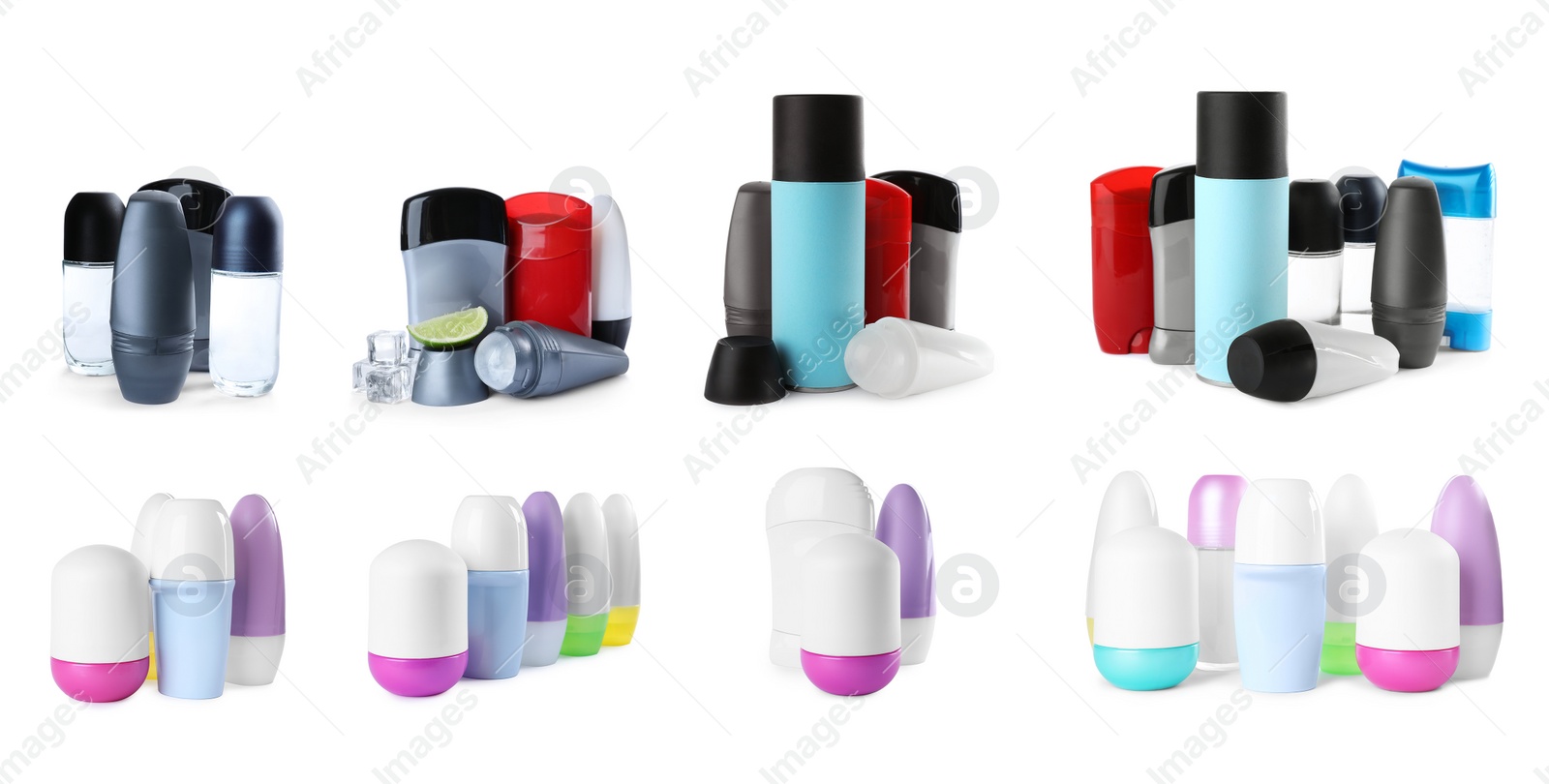 Image of Set of different deodorants on white background. Banner design