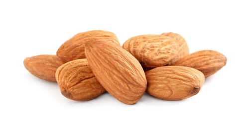 Photo of Organic almond nuts on white background. Healthy snack