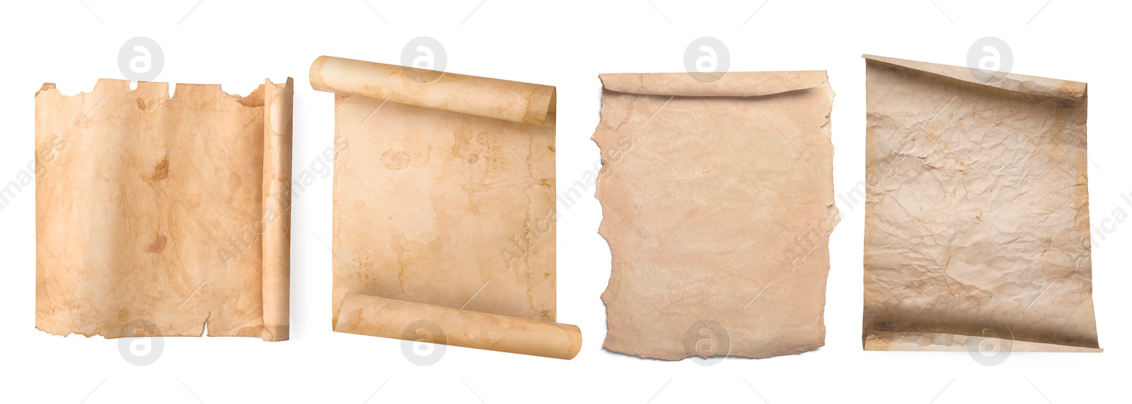 Image of Set with parchments isolated on white. Aged sheets of paper