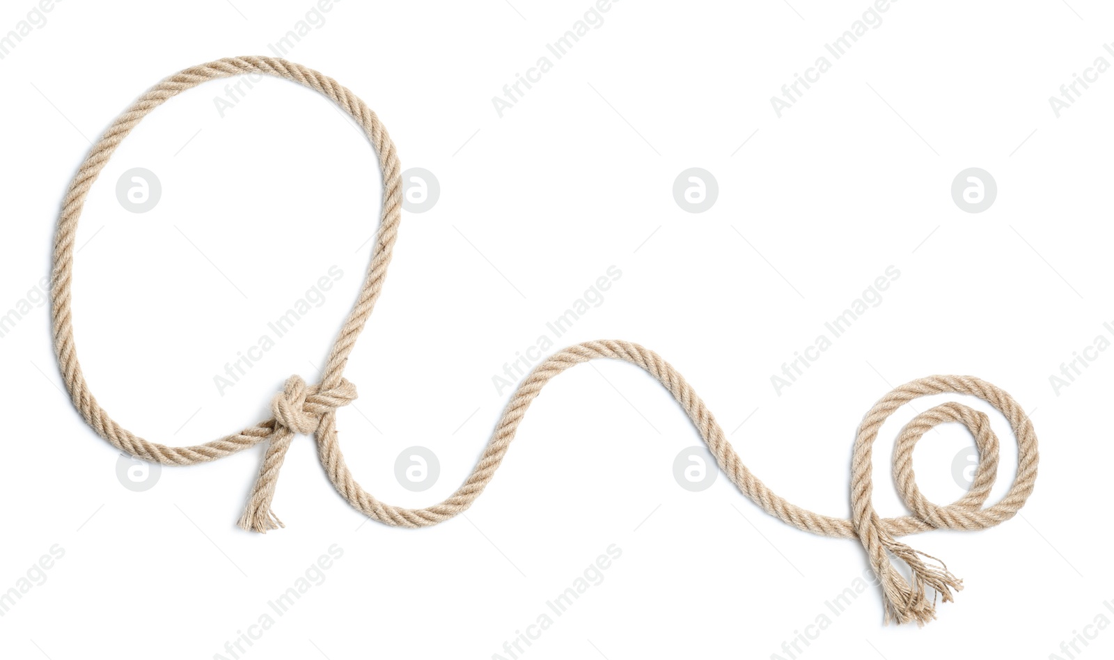 Photo of Lasso made of cotton rope on white background, top view