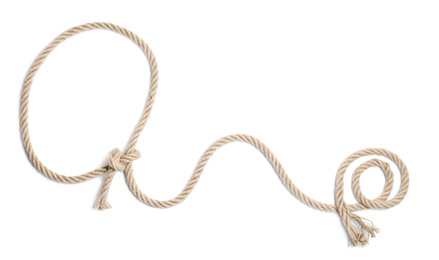 Photo of Lasso made of cotton rope on white background, top view