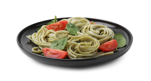 Photo of Tasty pasta with spinach, sauce and tomatoes isolated on white