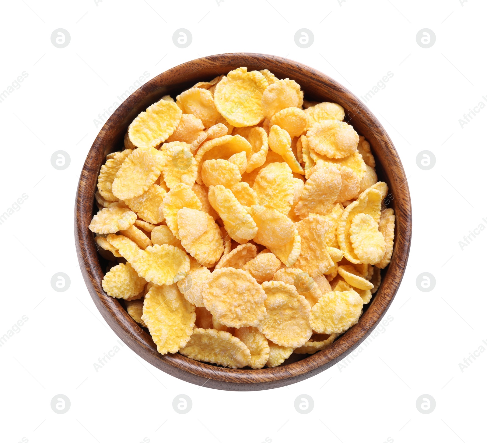 Photo of Bowl of tasty crispy corn flakes isolated on white, top view