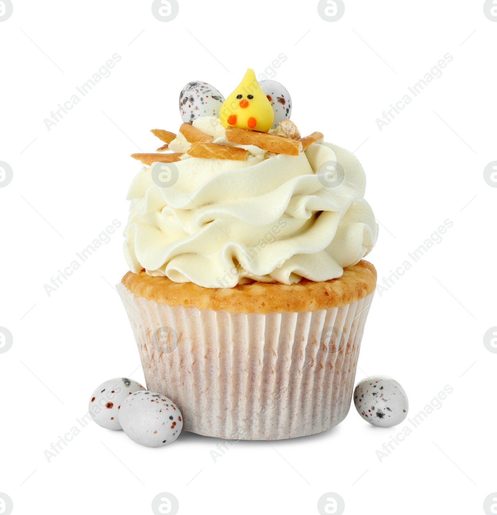 Photo of Tasty Easter cupcake with vanilla cream isolated on white