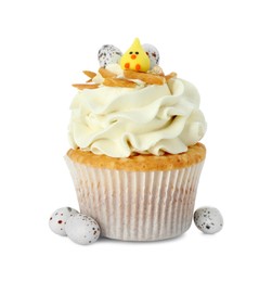 Tasty Easter cupcake with vanilla cream isolated on white