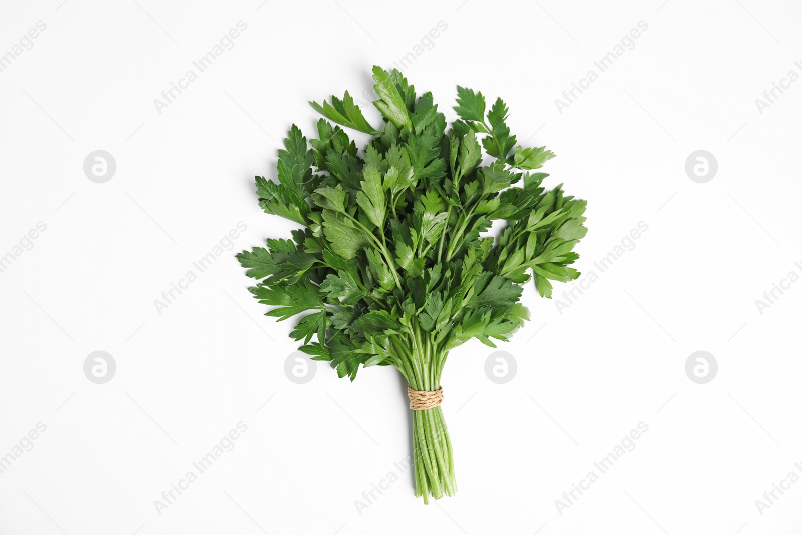 Photo of Bunch of fresh green parsley on white background, top view