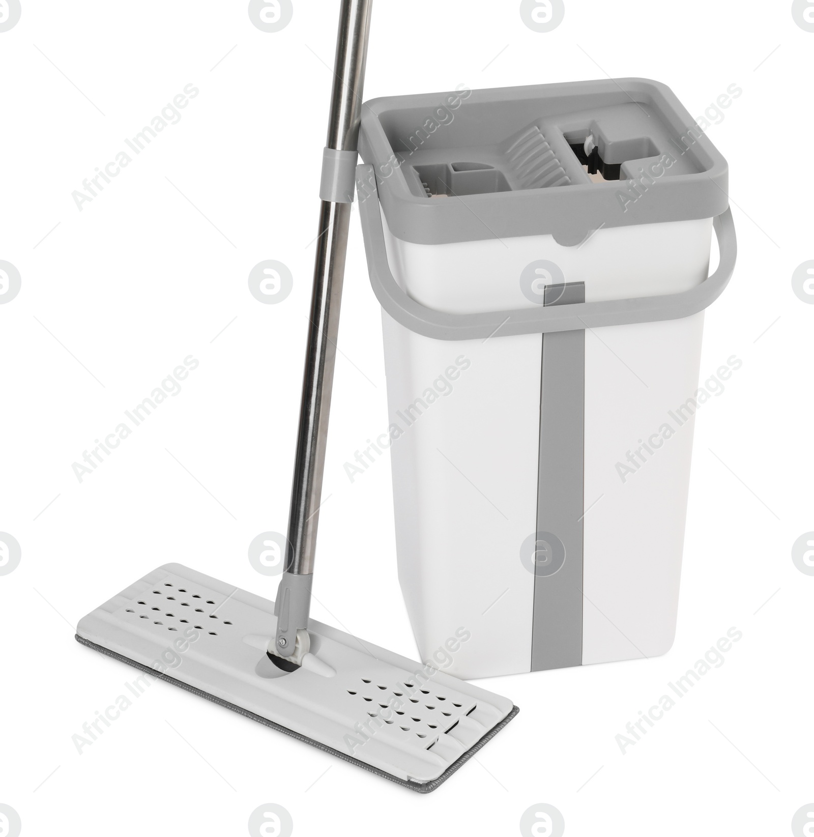 Photo of Mop and plastic bucket isolated on white