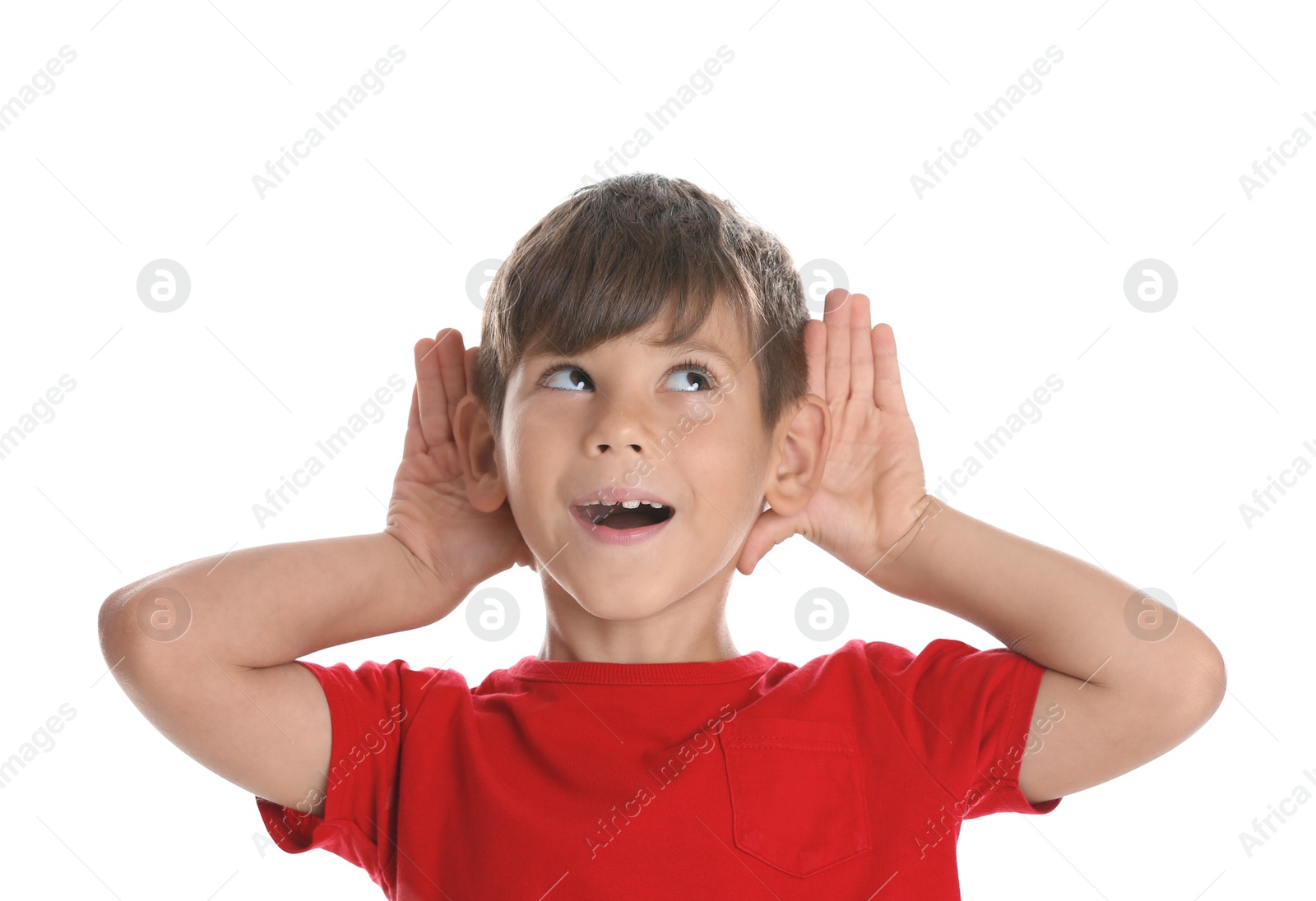 Photo of Cute little boy with hearing problem on white background