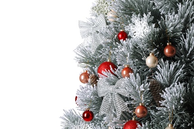 Beautiful Christmas tree with festive decor on white background