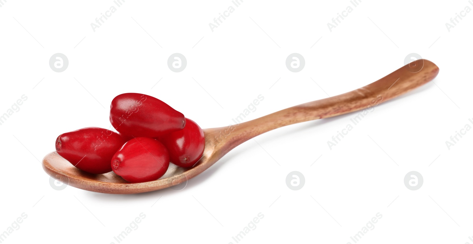 Photo of Fresh ripe dogwood berries in wooden spoon on white background