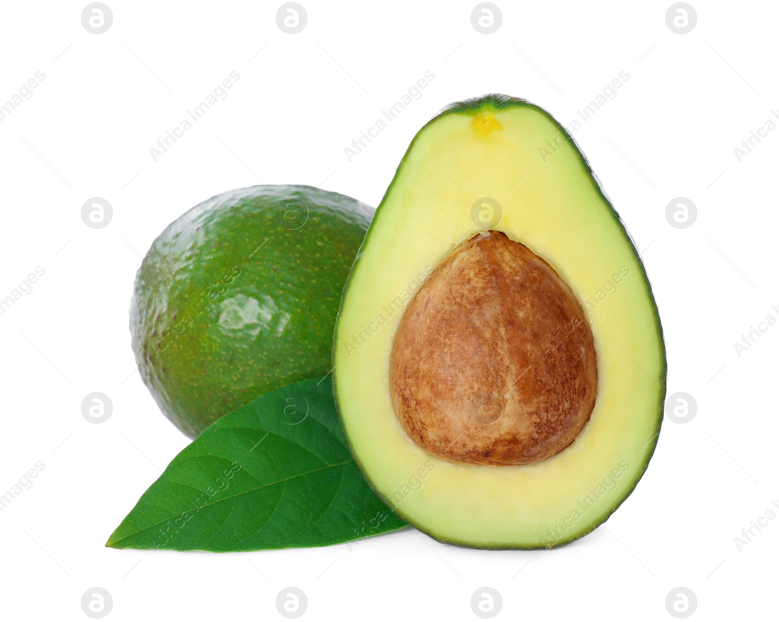 Photo of Whole and cut avocados isolated on white