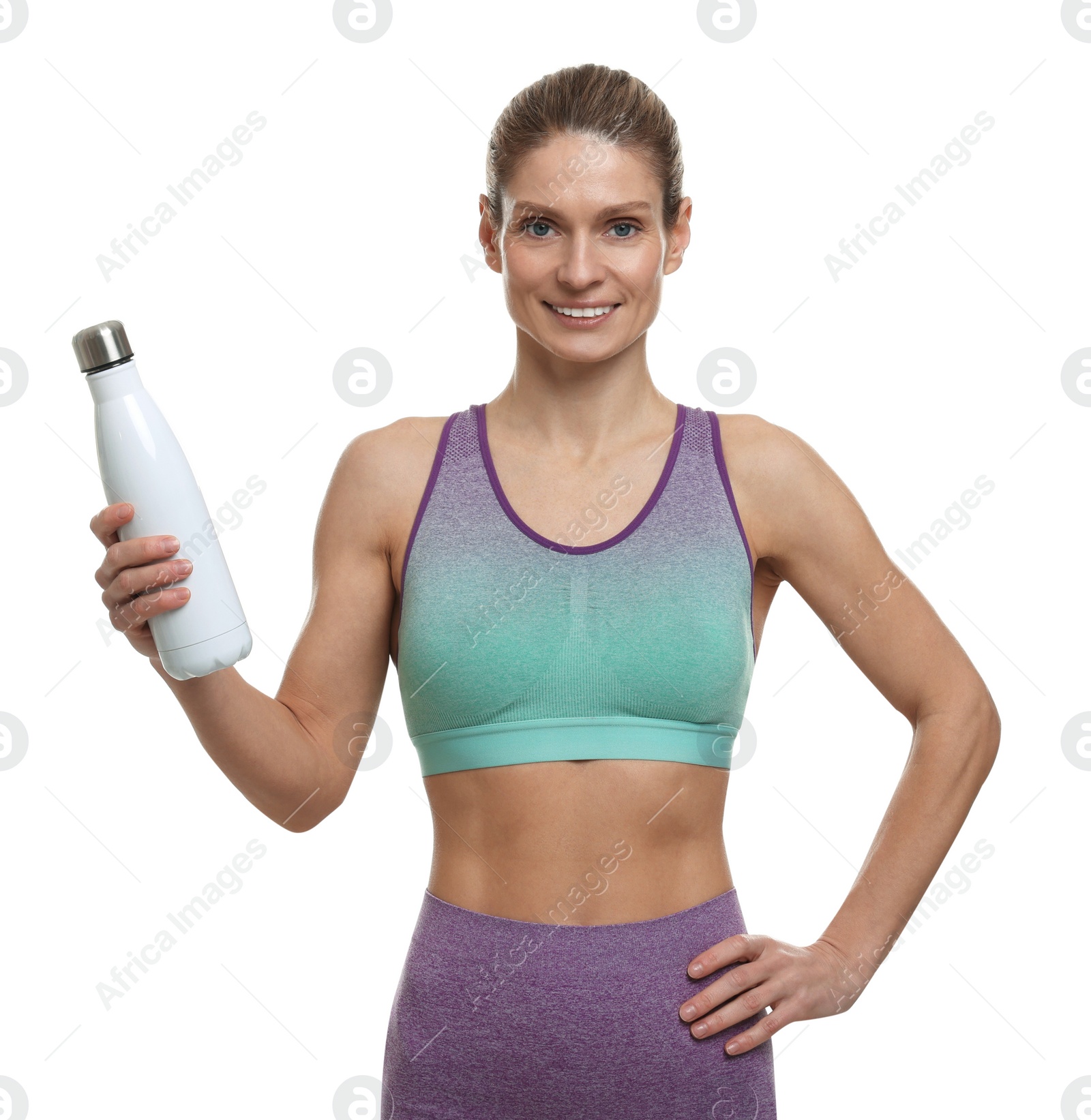 Photo of Portrait of sportswoman with thermo bottle on white background