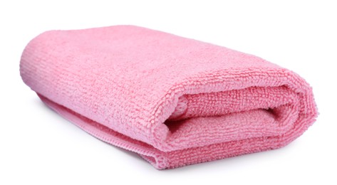 Photo of Clean pink microfiber cloth isolated on white