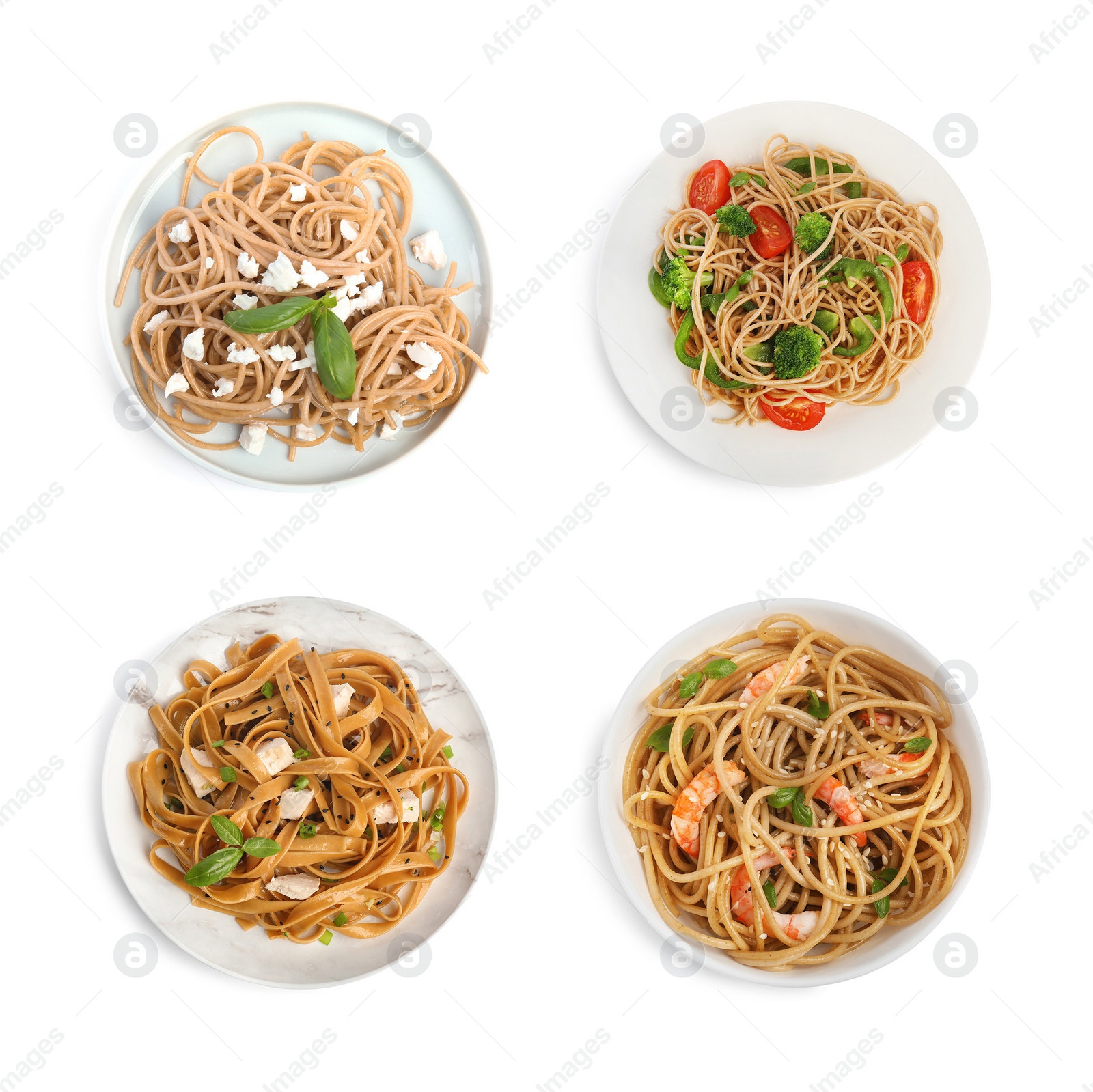 Image of Set of buckwheat noodles with different ingredients on white background, top view