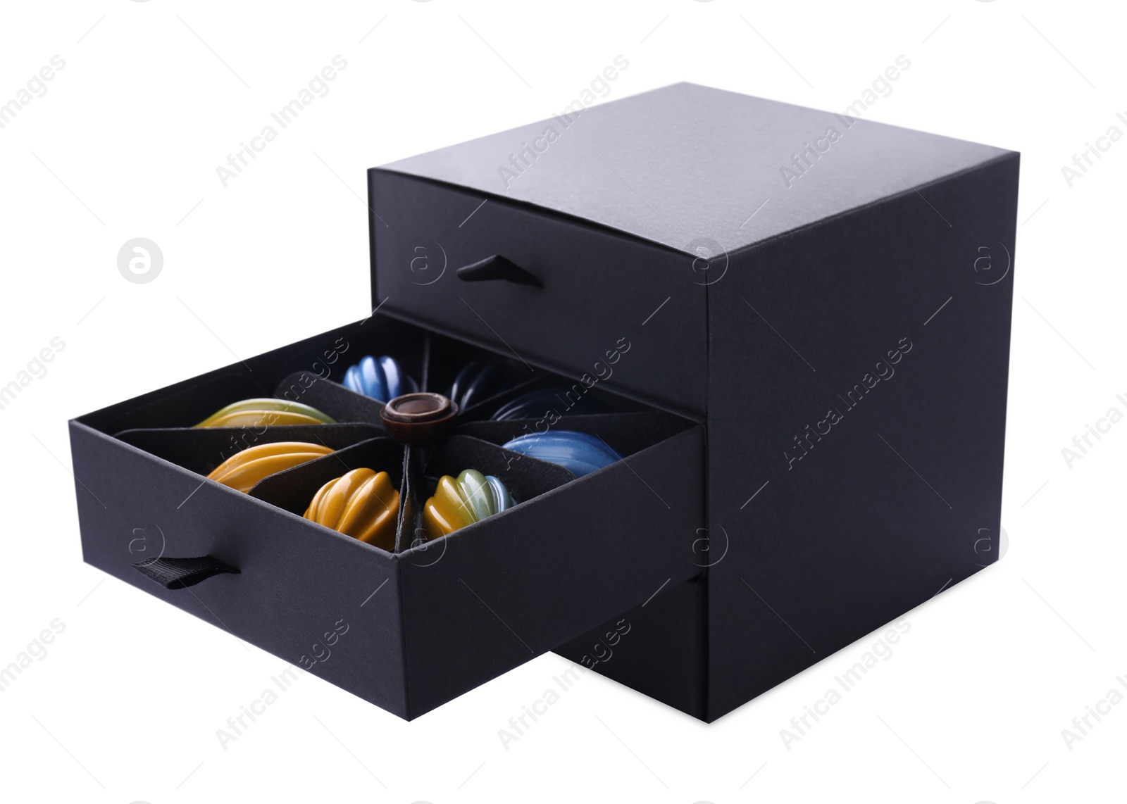 Photo of Box of delicious chocolate candies isolated on white