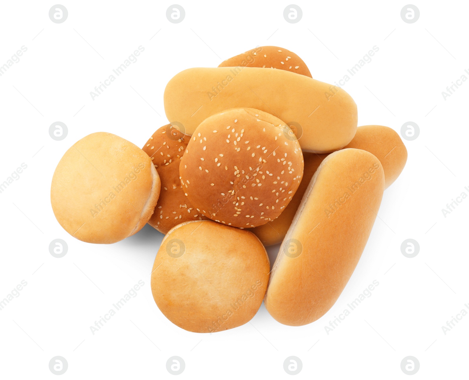 Photo of Tasty fresh burger and hotdog buns isolated on white, top view