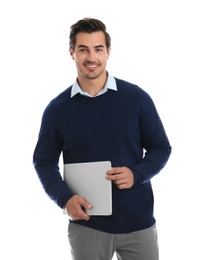 Young male teacher with laptop on white background