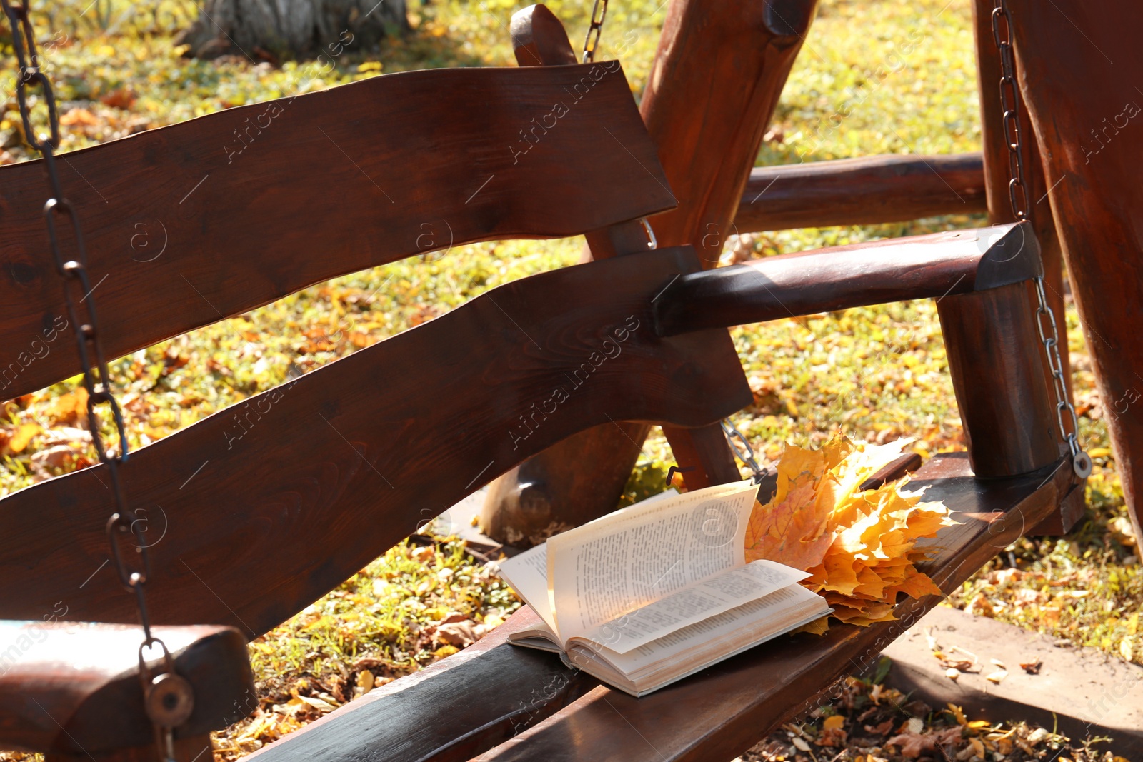 Photo of Wooden swing with book and yellow dry leaves outdoors. Autumn atmosphere