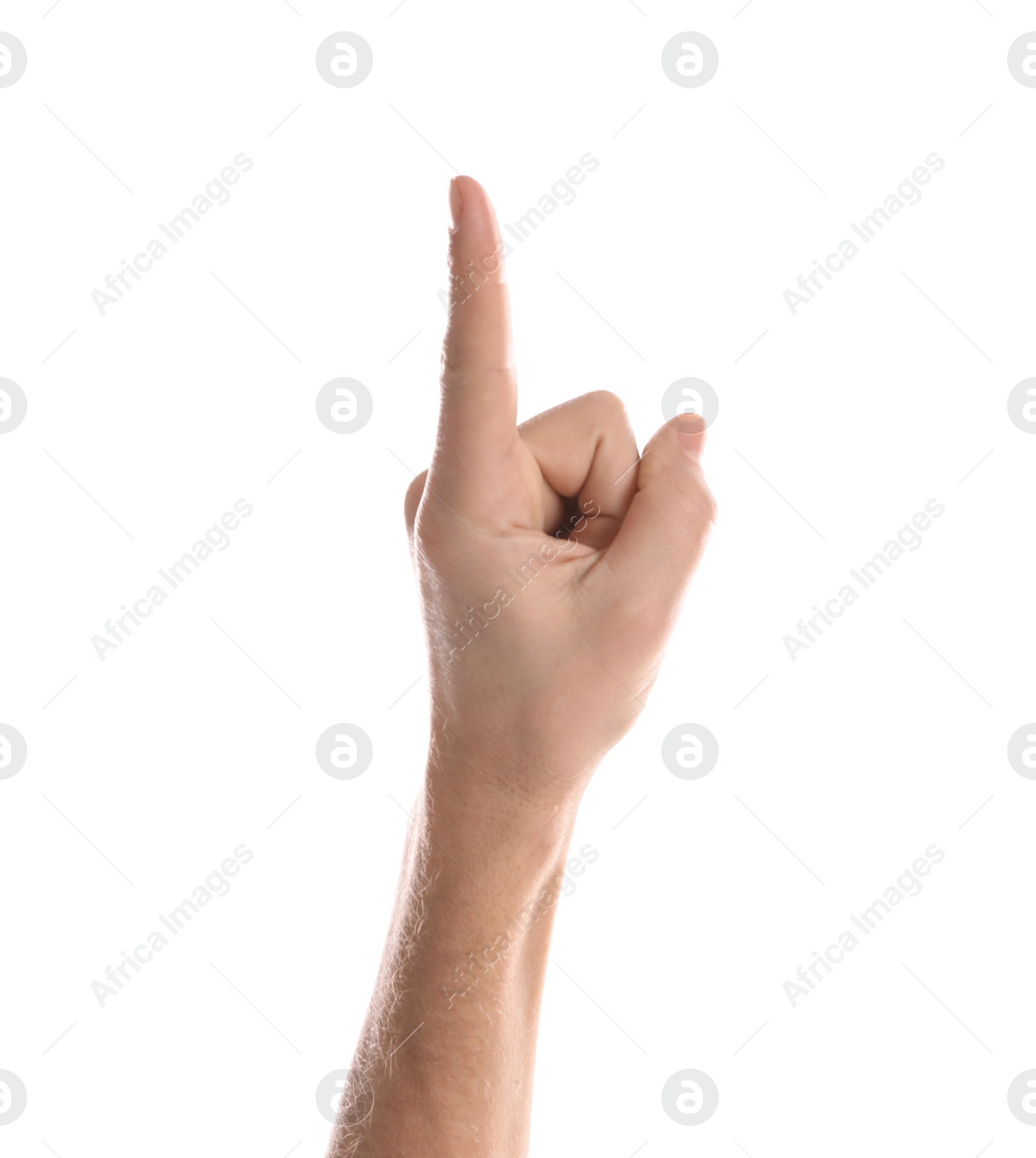 Photo of Man pointing at something on white background, closeup of hand