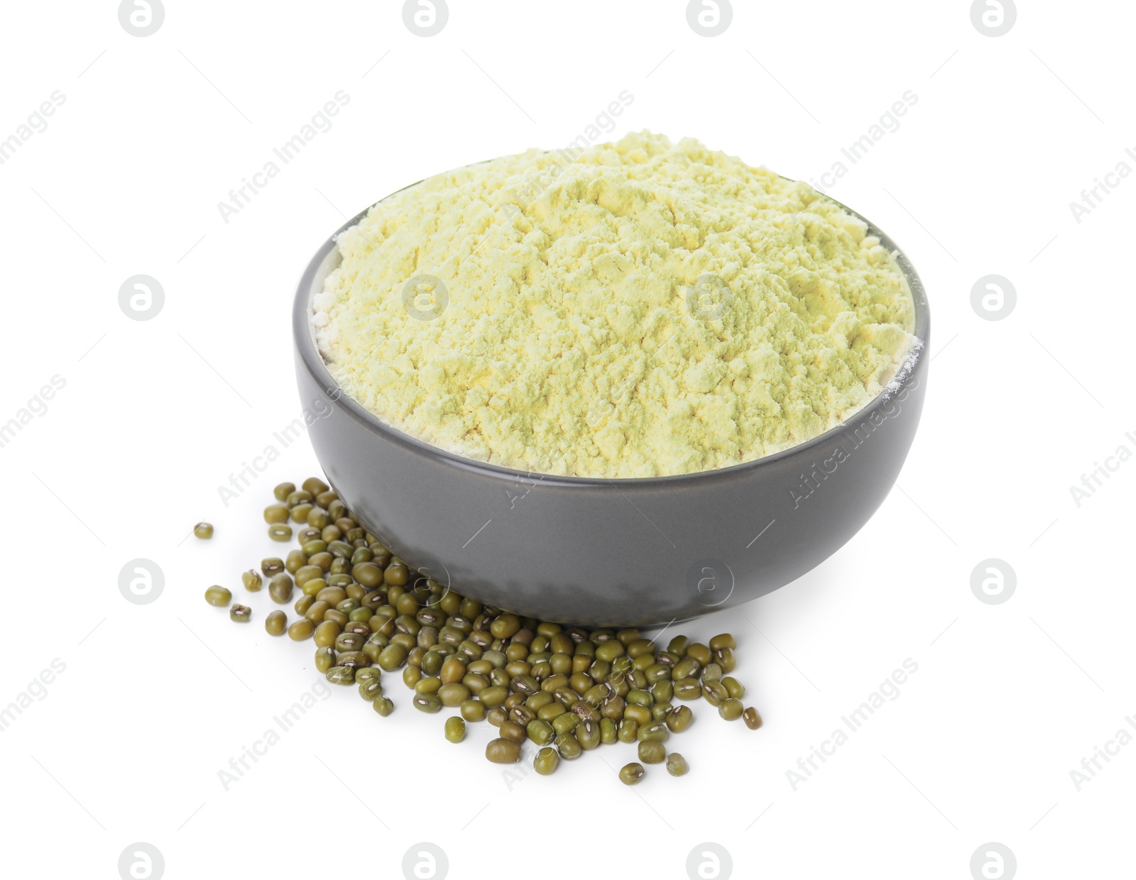 Photo of Bowl of flour and mung beans on white background