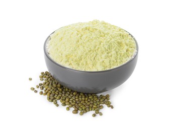 Photo of Bowl of flour and mung beans on white background